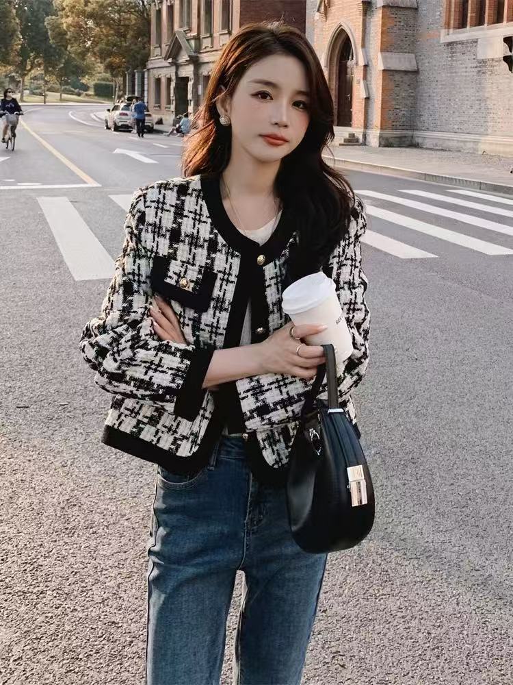 AL 28短款冬季宽袖女宽松秋冬长袖千鸟格短外套法式格子