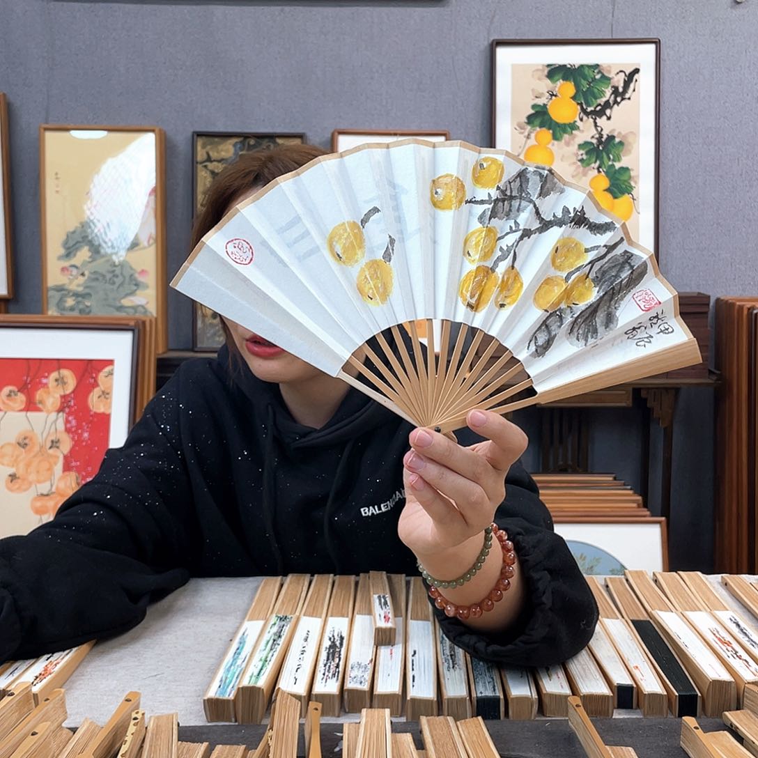 国画6寸玉竹-纯手绘-文玩扇骨（默认粘好）