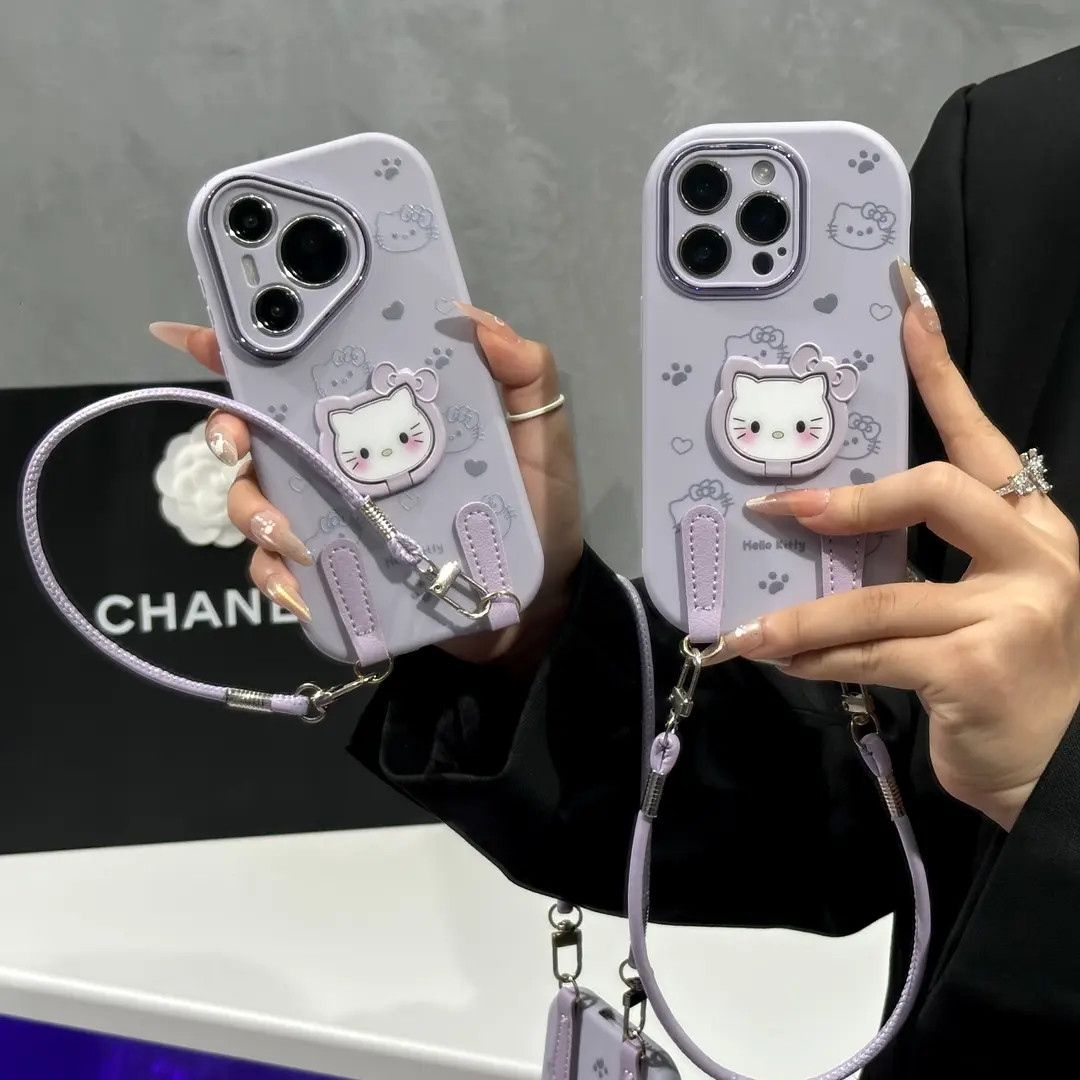 香芋紫凯蒂猫支架挂绳适用苹果17精孔胖子手机壳华为vivo小米oppo