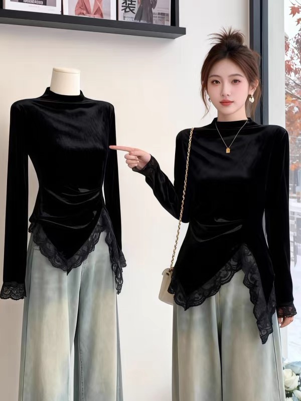 3572*长袖丝绒纯欲半高领T恤设计感显瘦洋气