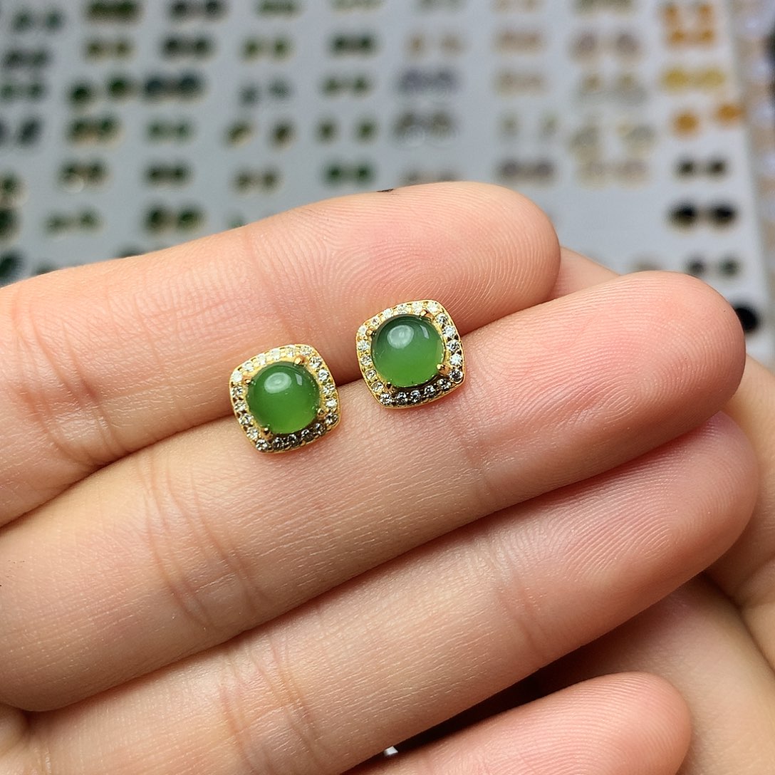 银S925镀金镶嵌和田玉（碧玉）耳饰