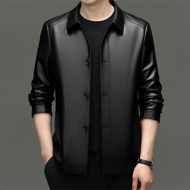男士加绒加厚商务休闲手工纽扣真皮保暖翻领外套