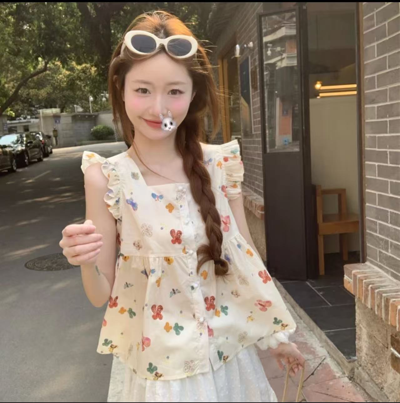 无袖夏季时尚法式显瘦背心衬衫外穿韩版修身显瘦蝴蝶印花飞飞袖