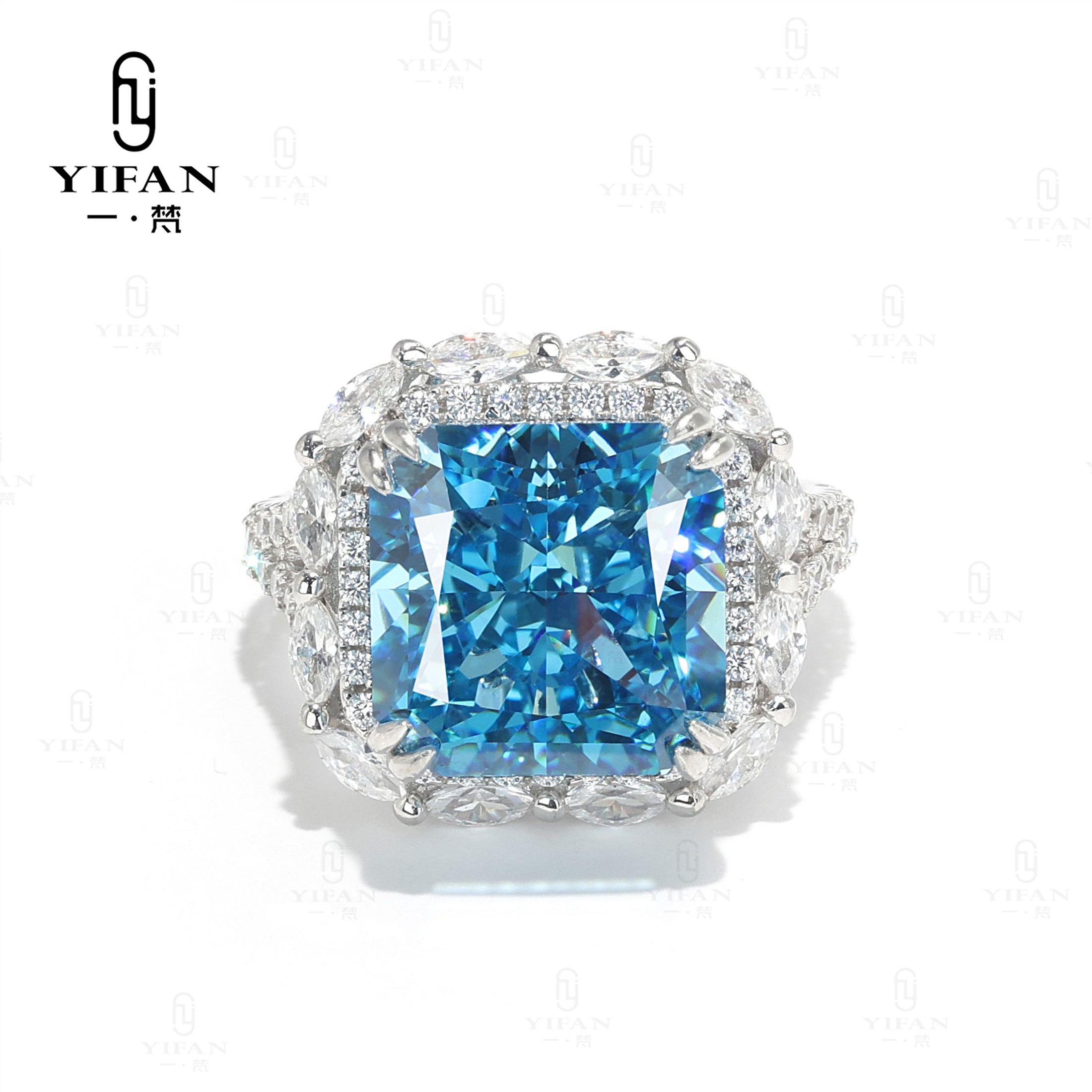925银合成锆石戒指 海蓝方形八爪时尚冰花高端戒指女款（10克拉）