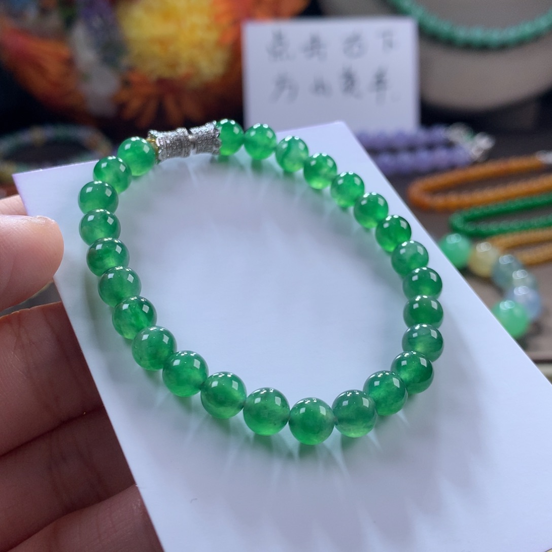 翡翠手链未镶嵌木那老种冰胶翠浓绿手串
