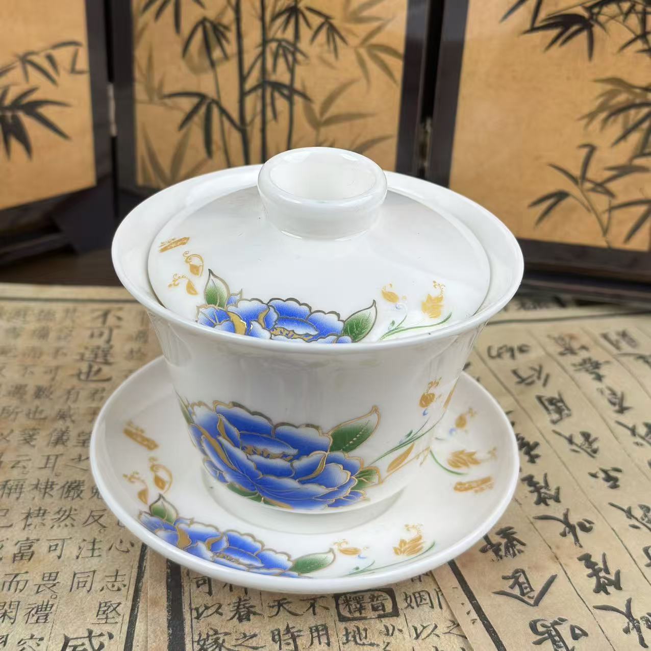 蓝牡丹三才盖碗@ZH1022