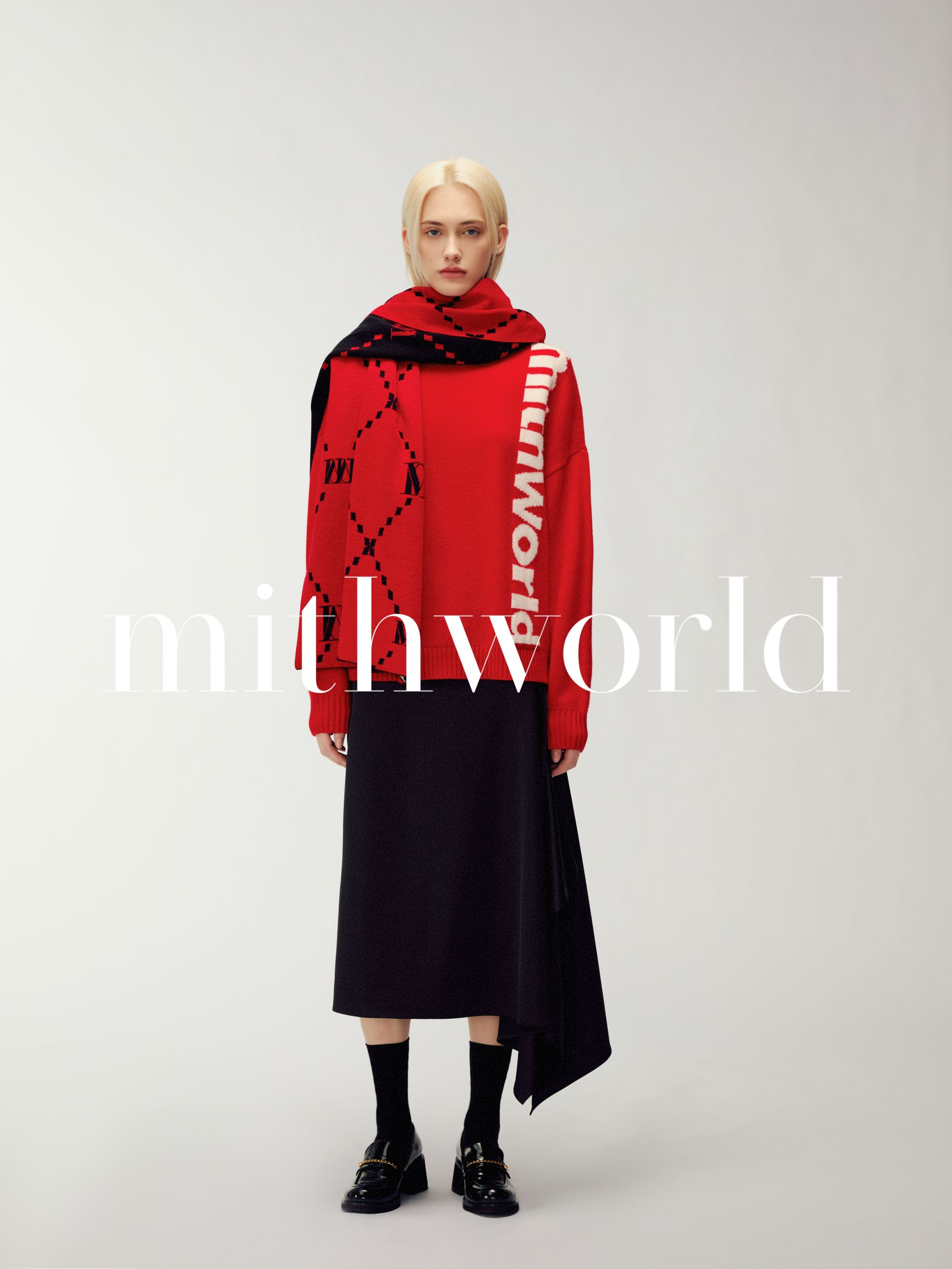 mithworld 撞色提花圆领毛衣 女常规款宽松时尚红色