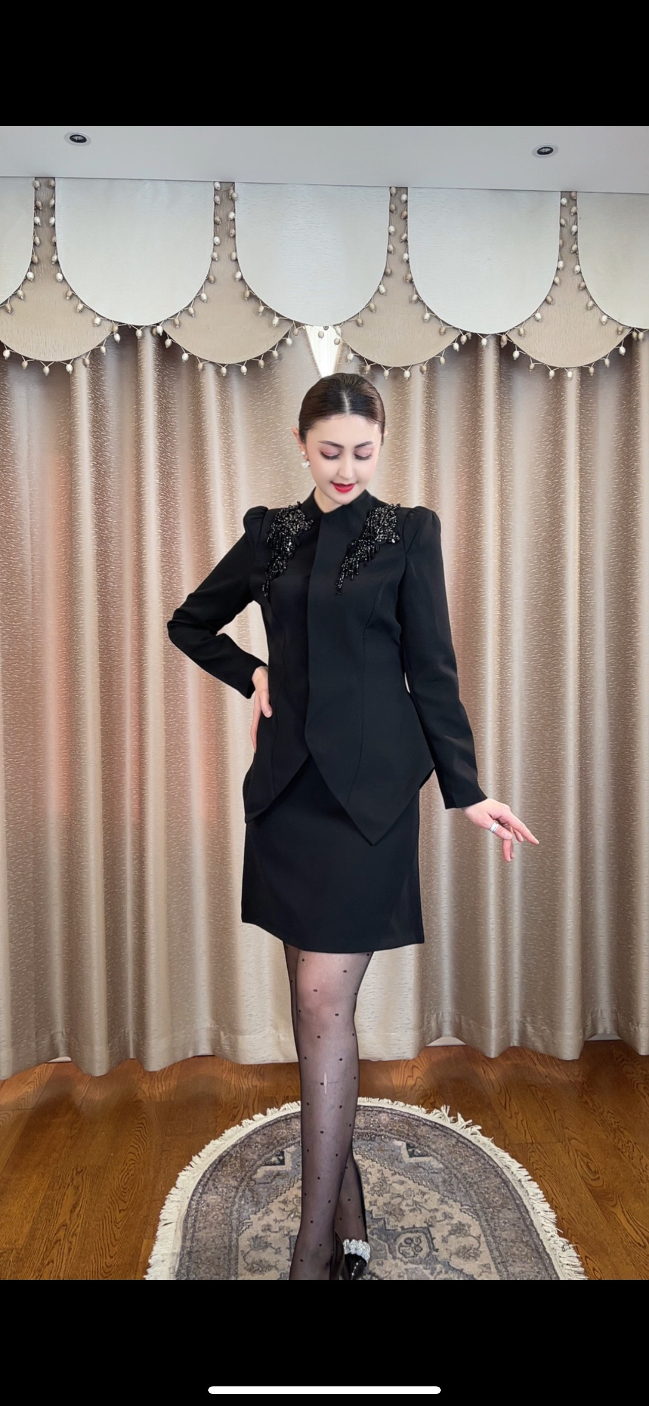 高级感绝美收腰名媛气质独特别致西装钉珠外套西装高腰修身半身裙