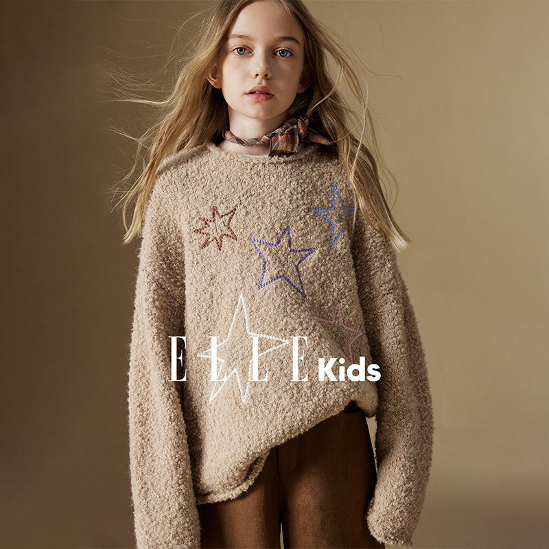 ELLE KIDS童装 圈圈纱圆领针织毛衣可爱绣花宽松百搭套头上衣N1