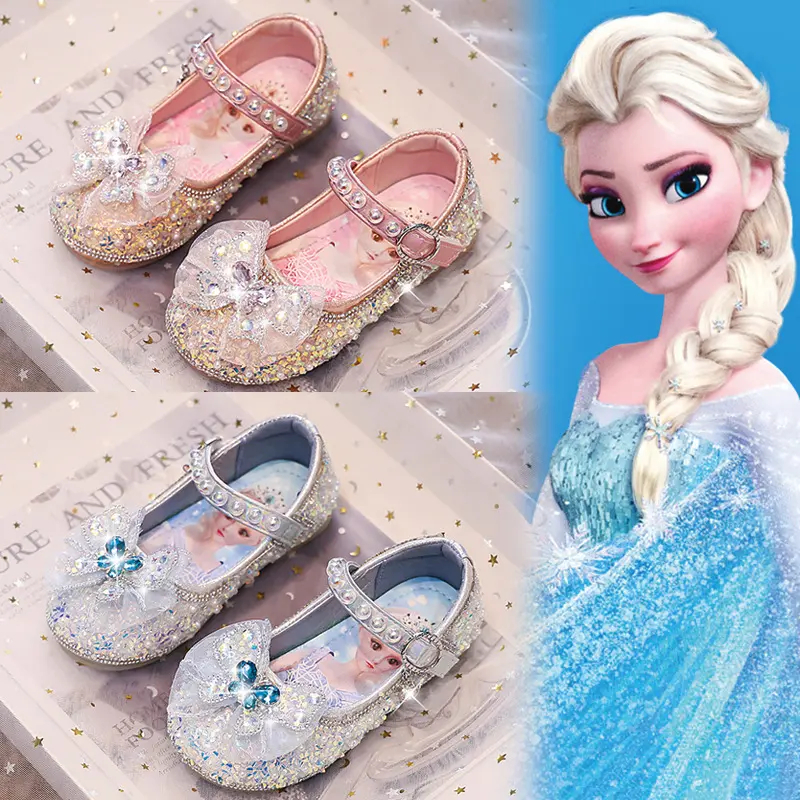 女童公主鞋2025春秋新款爱莎水晶鞋儿童单鞋水钻小女孩皮鞋宝宝鞋