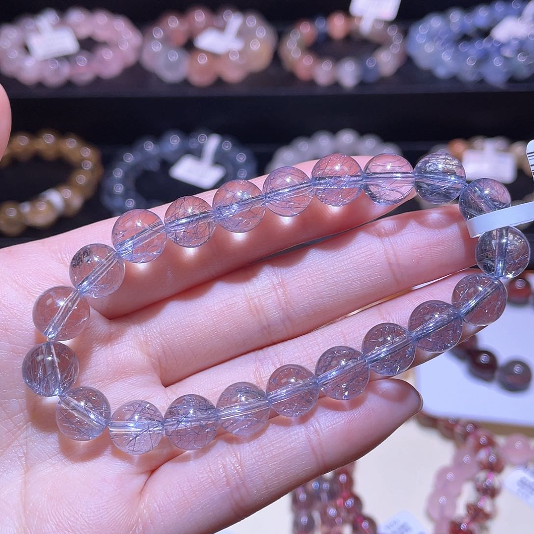 水晶手链未镶嵌蓝钢丝手链，晶体通透9+