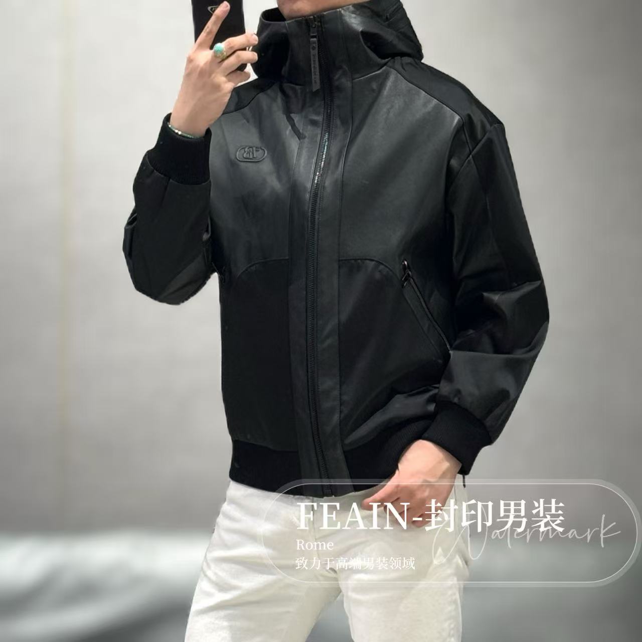 【真皮拼接羽绒】高端男士定制绵羊皮三防连帽羽绒服88759