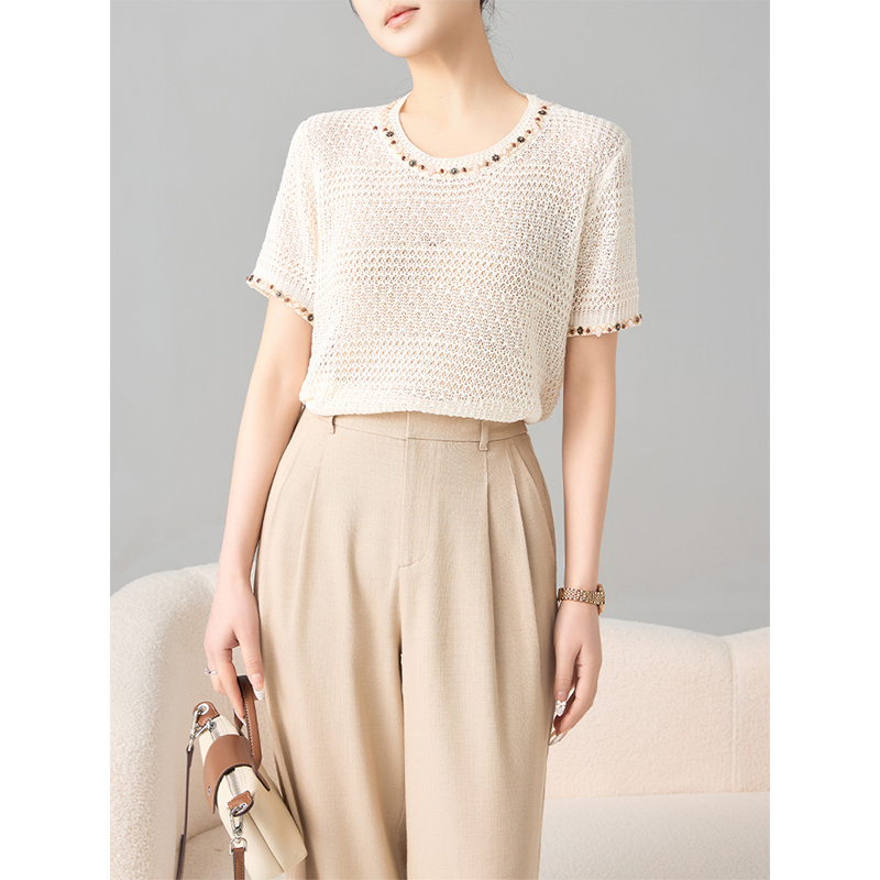 老敏哥 波西米亚风海边度假镂空短袖T恤女针织毛衫夏季新款W1018