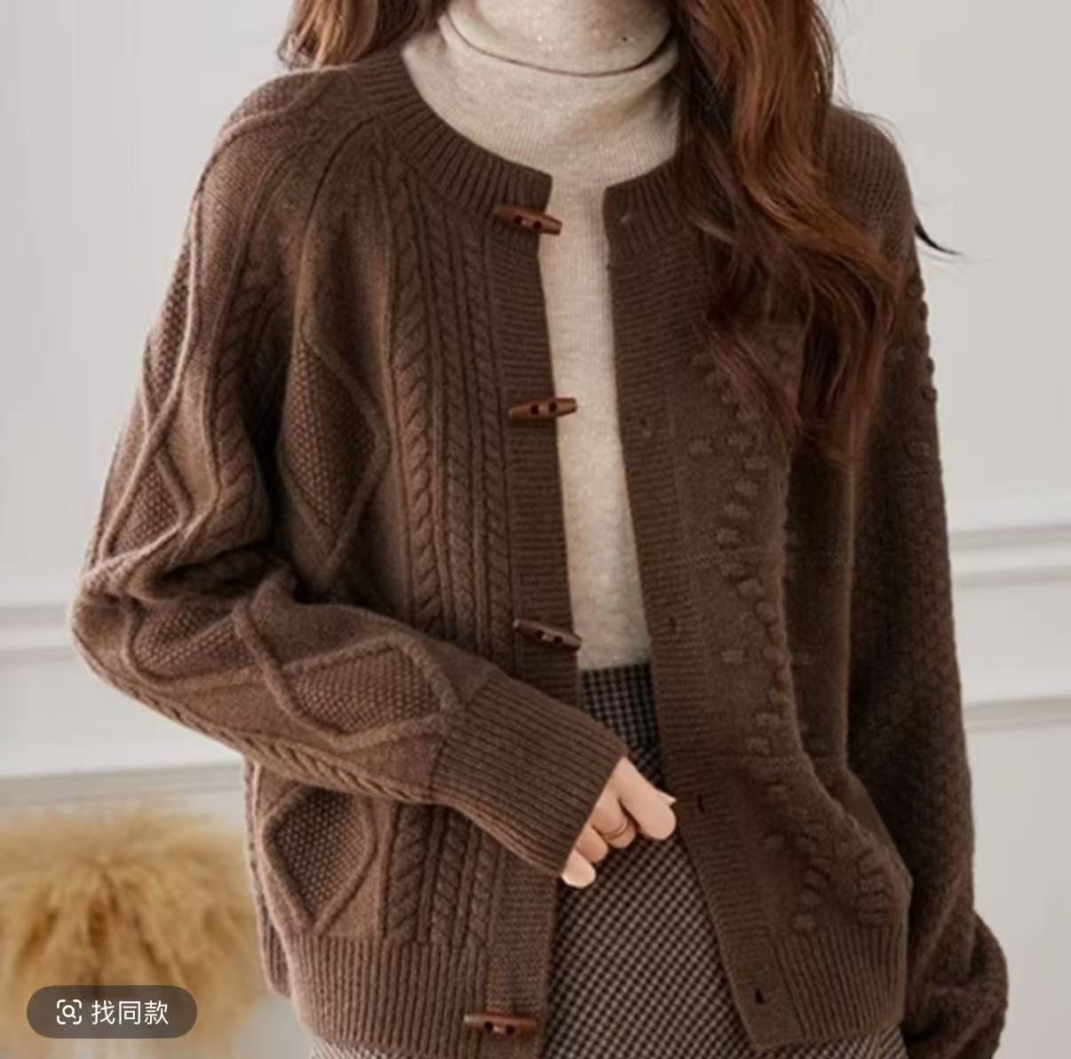 复古加厚麻花毛衣外套女秋秋新款宽松高级感短款长袖针织7489