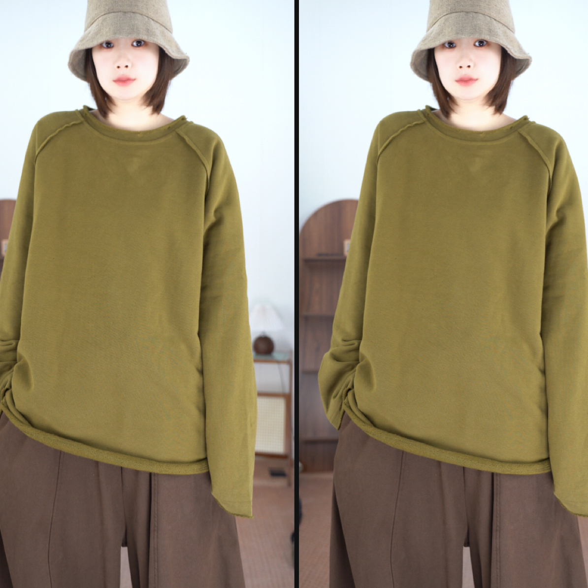 【插肩袖加绒卫衣】韩版宽松百搭显瘦毛边圆领中长款女