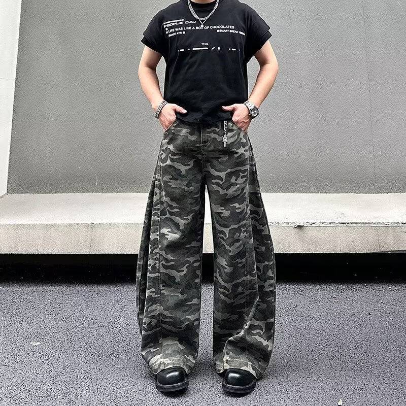 美式弯刀男士微喇迷彩牛仔裤弯刀阔腿裤休闲宽松直筒潮牌工装裤