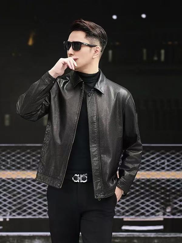 升级款牛皮皮衣百搭外套秋季修身型春秋翻领