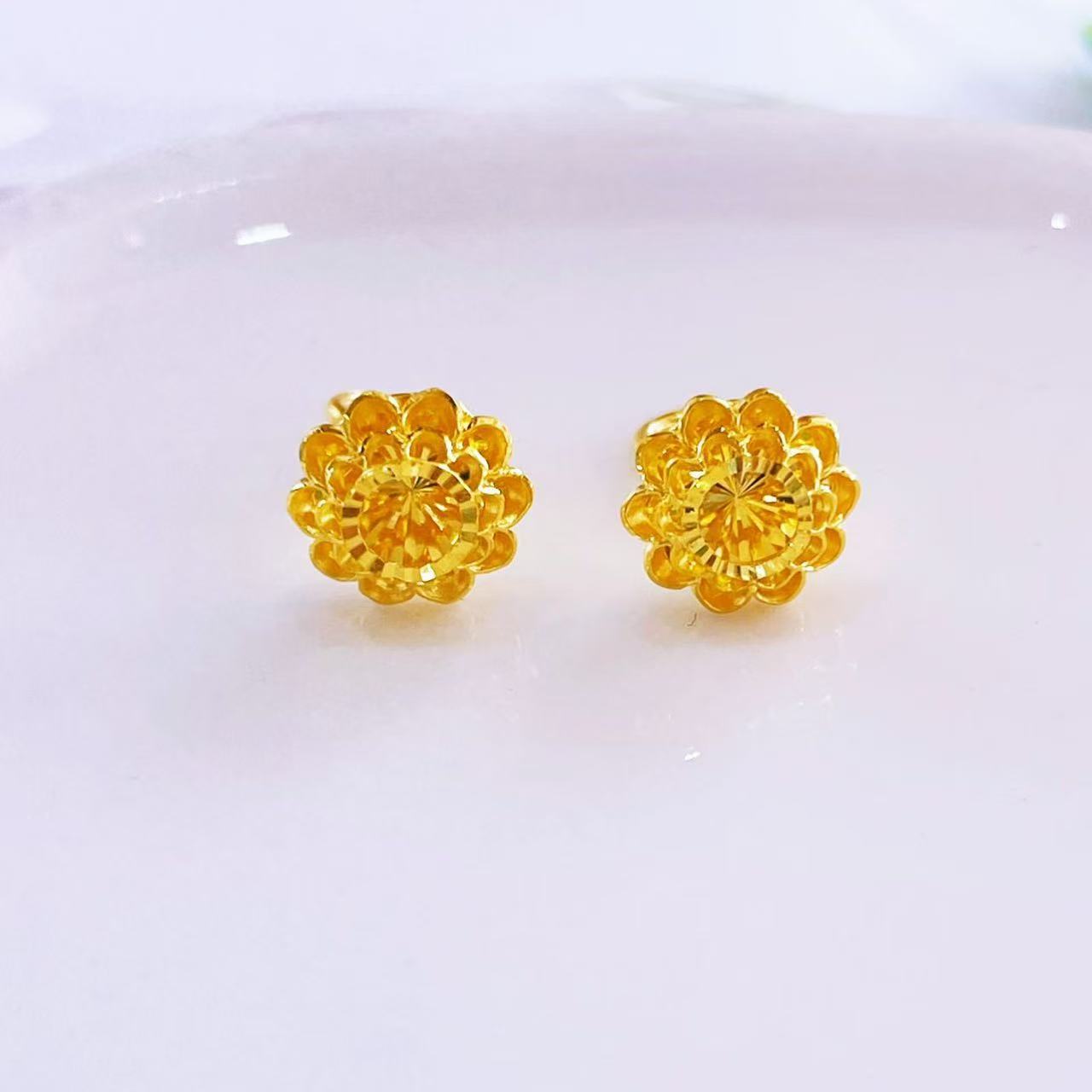 【富远黄金】足金双层影底牡丹花弯针耳钉FYHR040620