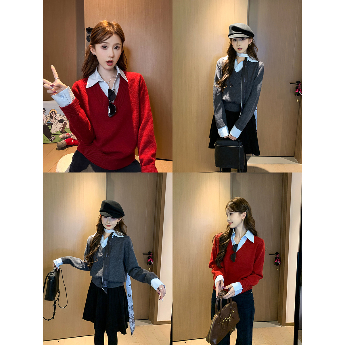 SHAOER【天才女友】高级感假两件拼接polo领长袖上衣S725X21985