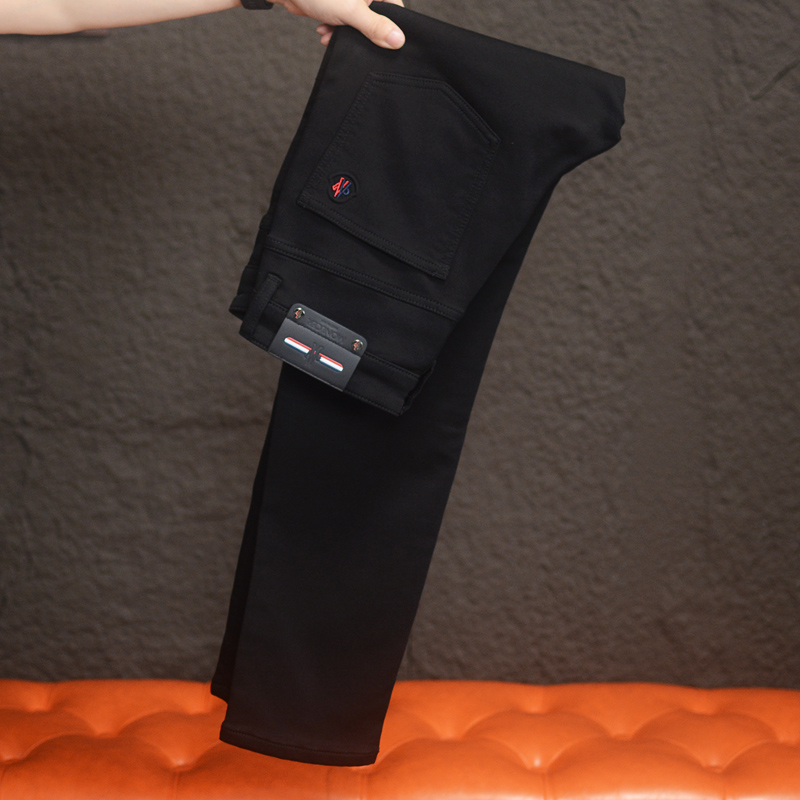 【秋冬新款】纯黑色 不掉色 男士秋冬款修身高弹力小直筒黑色牛仔裤