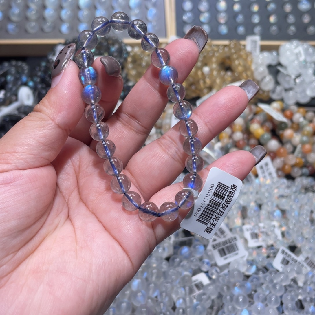 小***喵未镶嵌长石手链冰透灰月光手链7.8mm