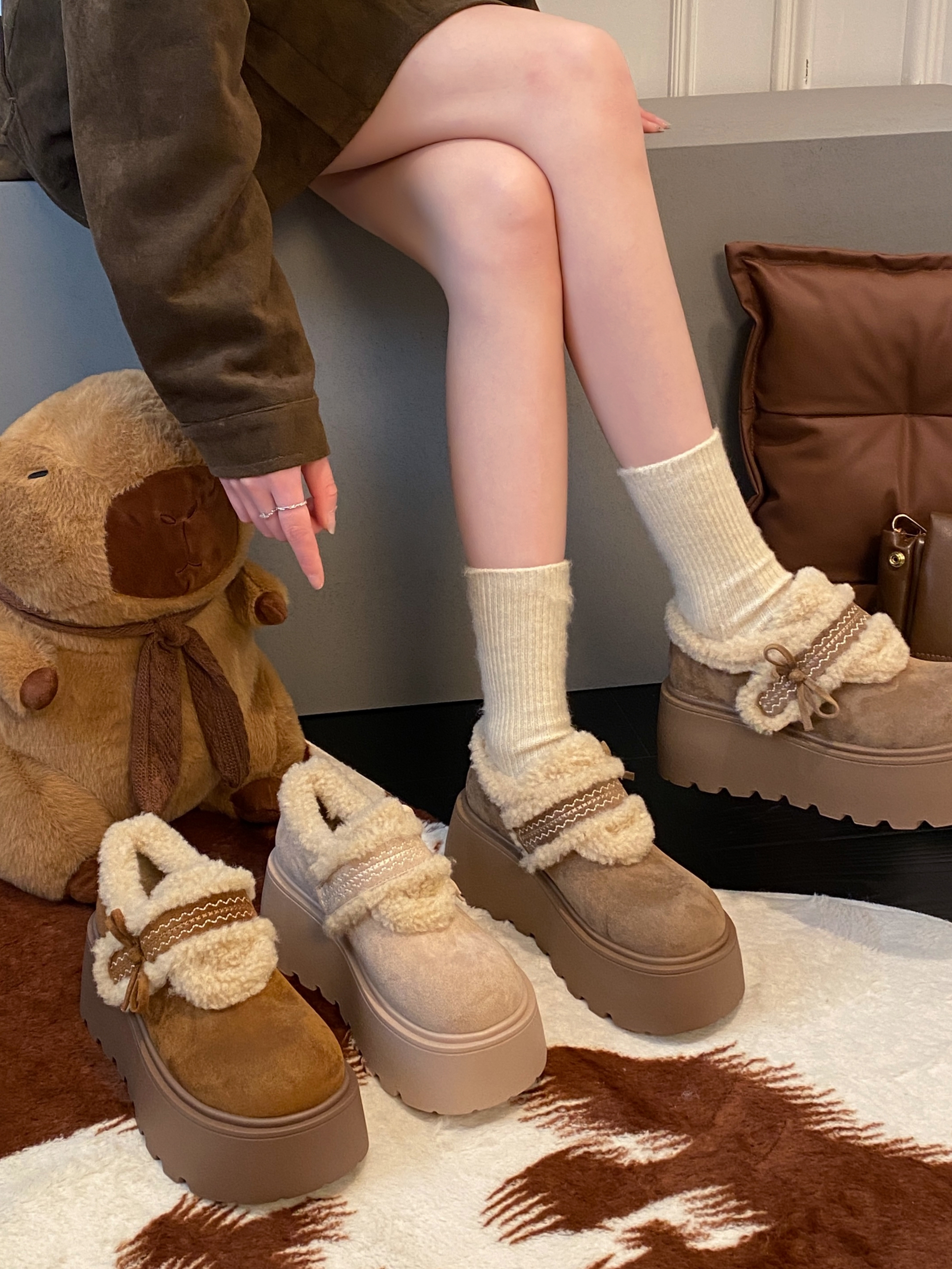 驼色加绒加厚厚底雪地棉鞋女冬2025新款外穿保暖增高毛毛勃肯鞋子