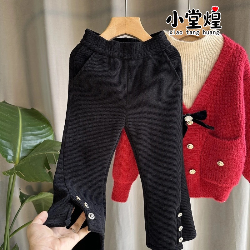 长裤加厚儿童喇叭裤加厚加绒冬装一体绒保暖宝宝黑色松紧头阔腿裤