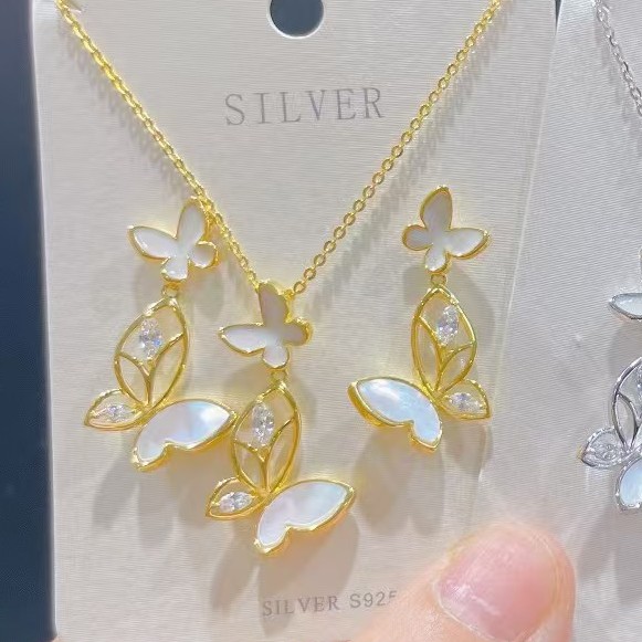 925银银制品 纯银925镀金镂空蝴蝶套装耳钉项链金色