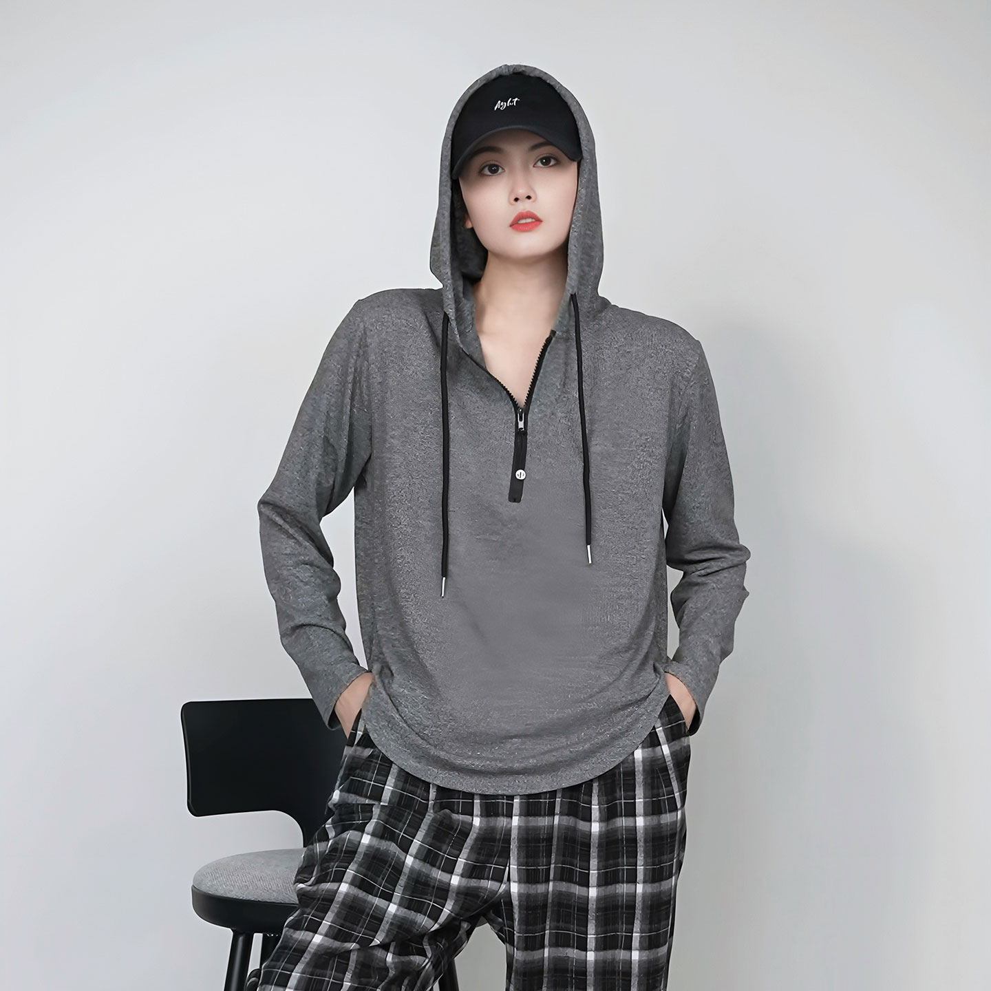 潮牌慵懒风半拉链连帽长袖T恤女秋季新款韩版宽松显瘦外穿上衣