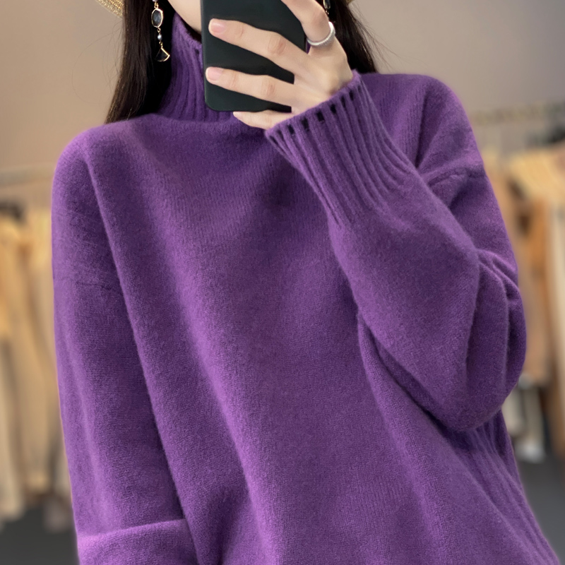 工厂清仓~100%纯羊毛衫女重磅加厚高领撞色毛衣秋冬针织打底衫