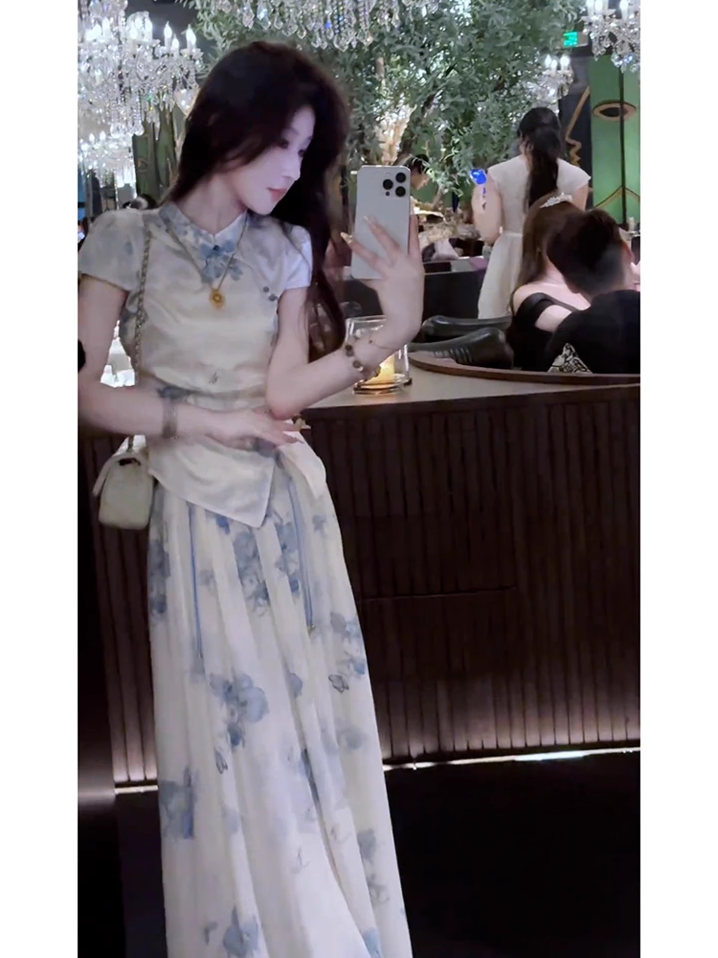 【岩心】大码女装300斤胖MM夏季高端气质新中式蓝色印花套装619