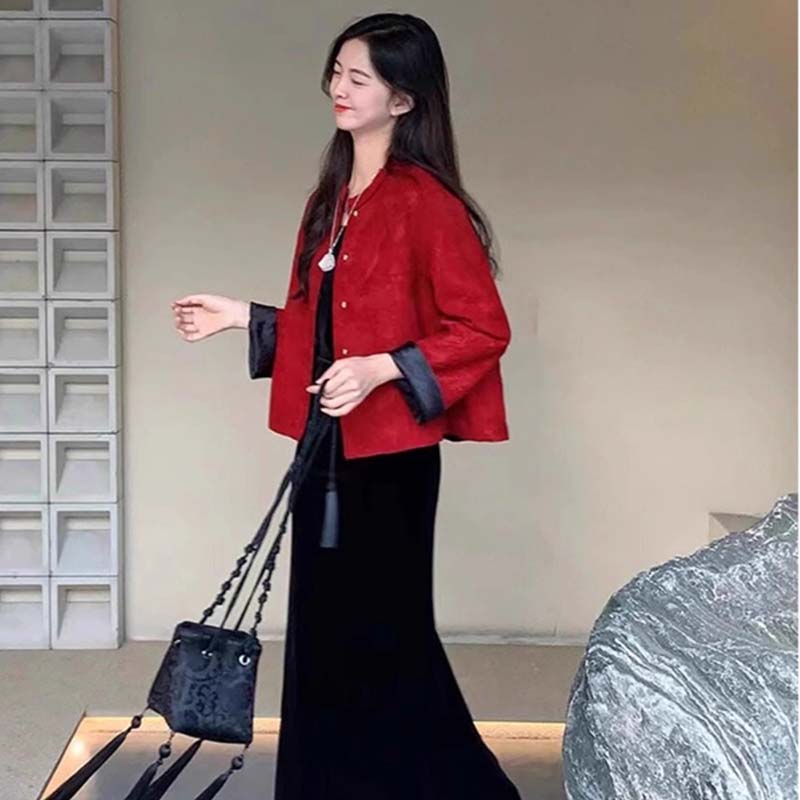 【两件套】【有里布】新款新中式国风红色外套配吊带裙子两件套DM0054
