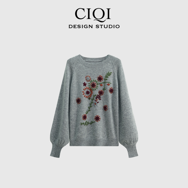 CIQI STUDIO【小花花】秋冬加厚费尔岛圆领绣花套头毛衣针织DY1024