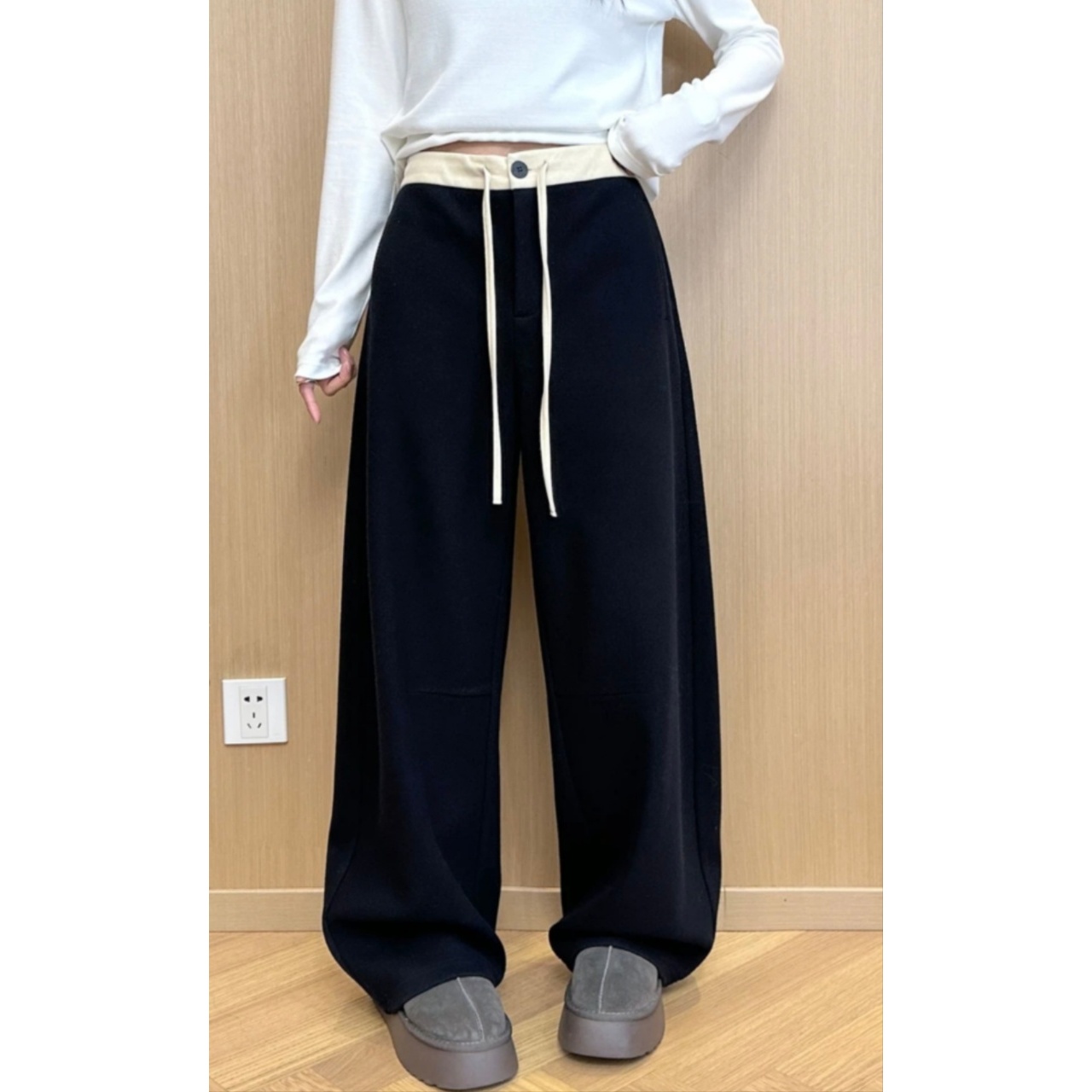 【拼腰纽扣抽绳羊毛裤】高腰百搭休闲纽扣抽绳休闲弯刀裤677