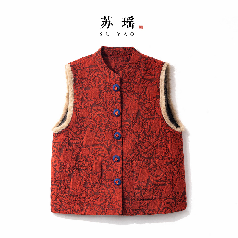 【红韵】冬季2025新款马甲女式新中式宽松国风加棉加厚提花上衣马夹