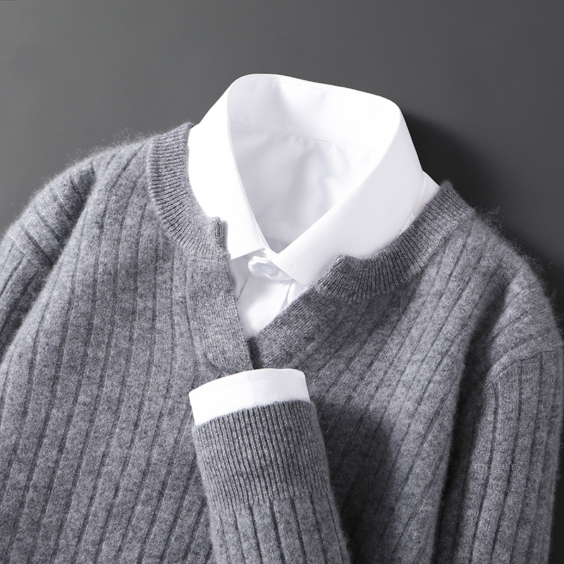 商务休闲风！冬新款男士剪刀领竖条纹羊毛衫商务休闲百搭保暖上衣