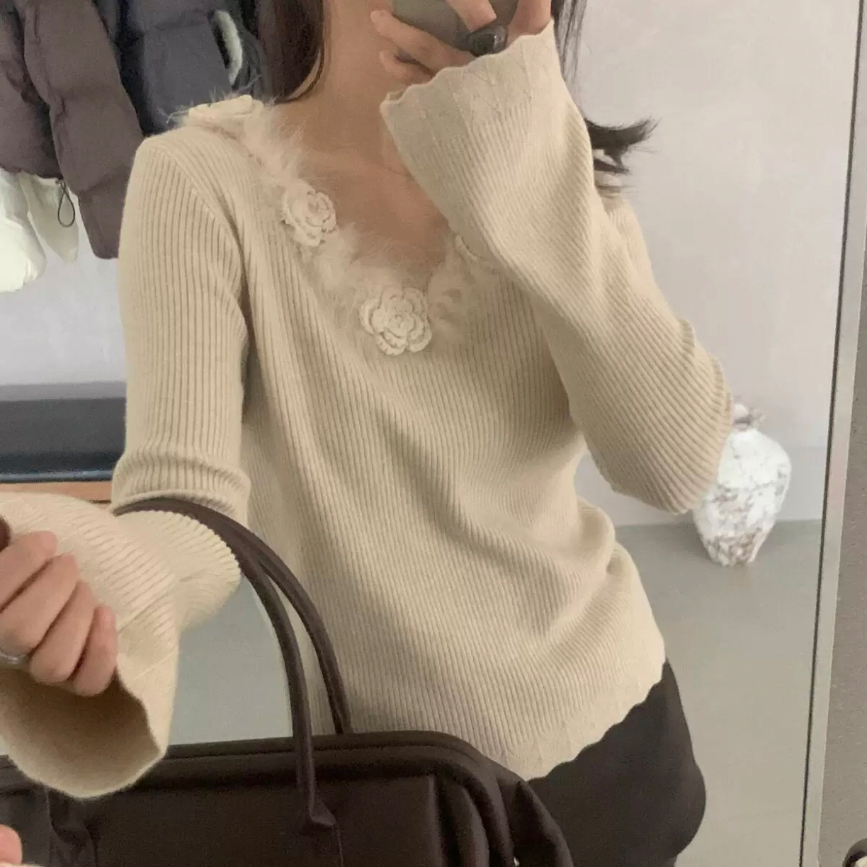 温柔花朵毛毛领显瘦百搭针织衫冬季韩系V领慵懒软糯修身长袖上衣