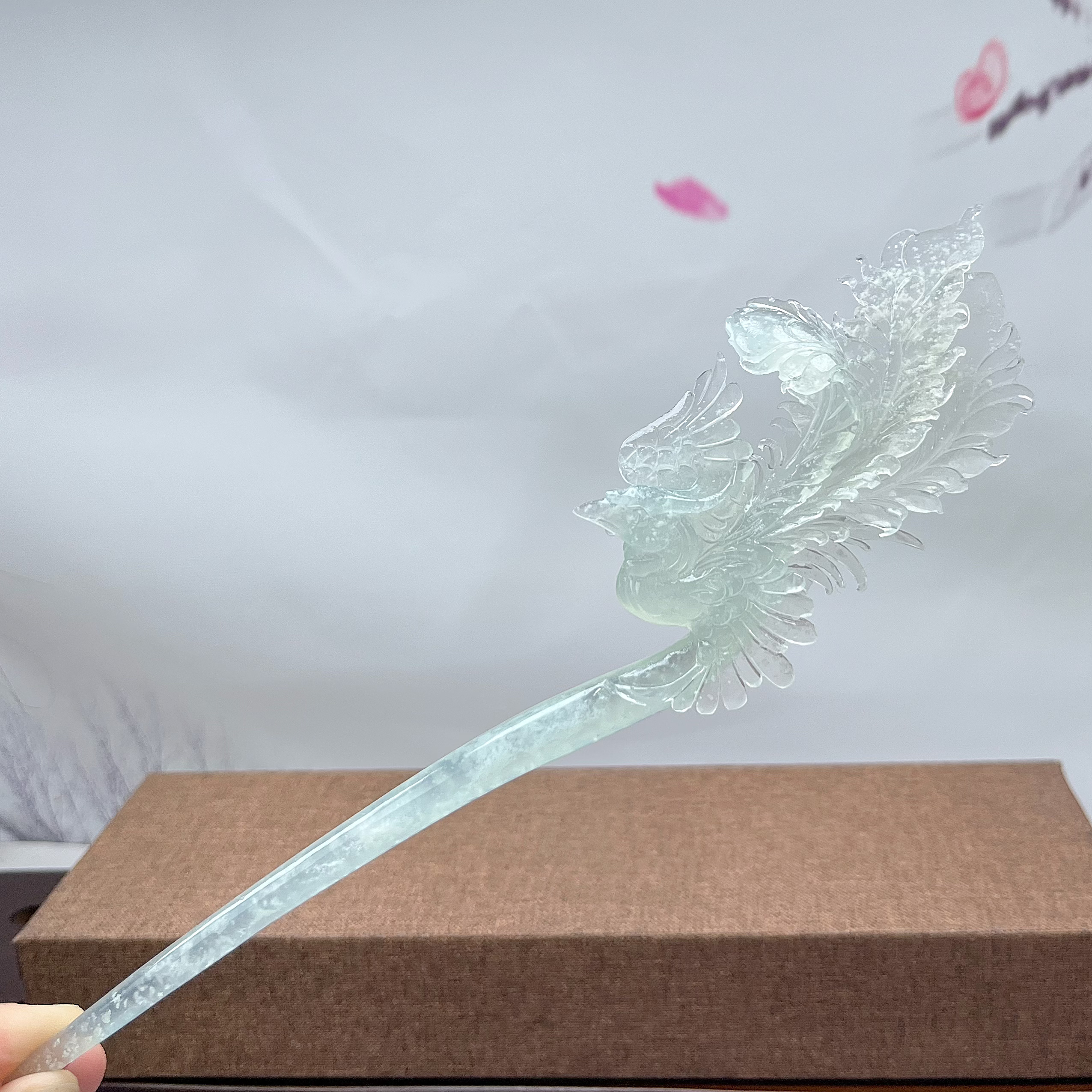 岫玉高品质天青冻凤凰发簪 整体长度24cm 簪体入发长度14cm