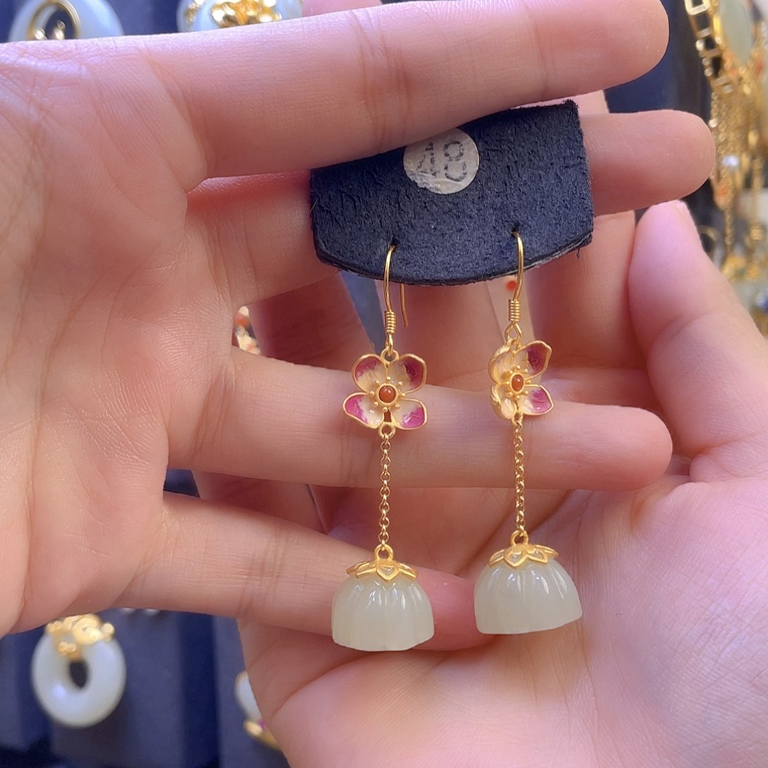 和田玉耳饰银S925镀金镶嵌