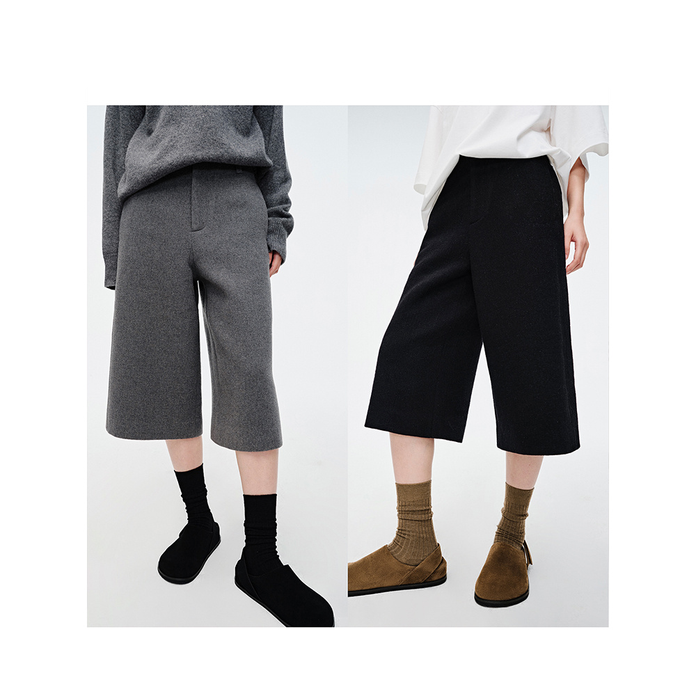 时尚肌理双面毛呢复古分割直筒裤女秋季新款高腰显瘦百搭7分裤