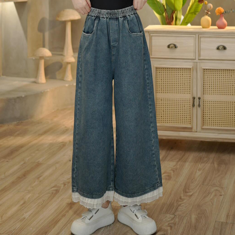 3835 春季文艺森系拼花边牛仔裤女宽松百搭减龄阔腿直筒裤