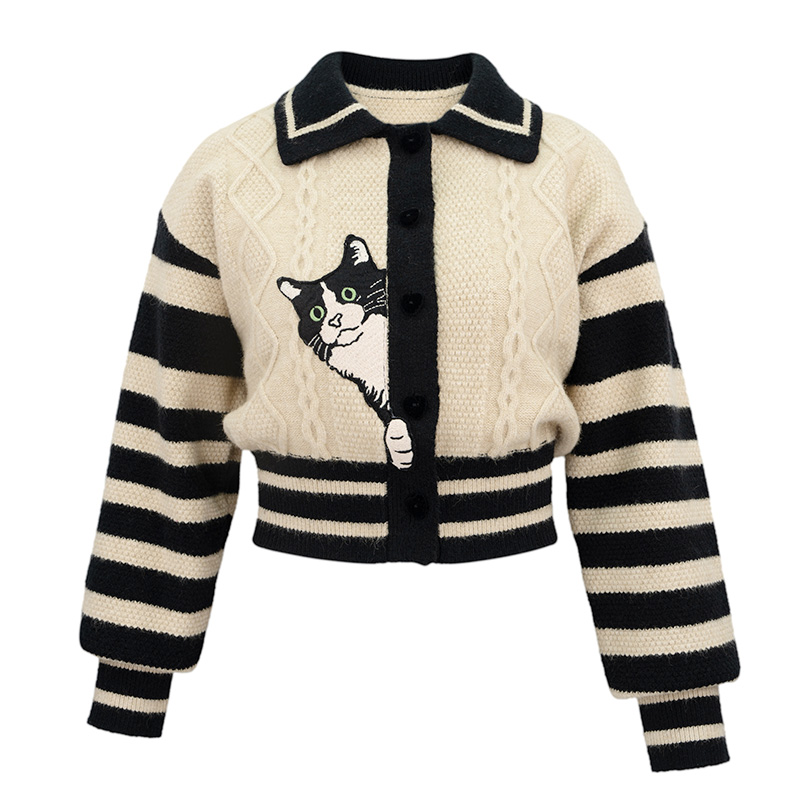 JUNGLE ME秋冬复古条纹POLO领刺绣针织衫秋季短款毛衣撞色长袖