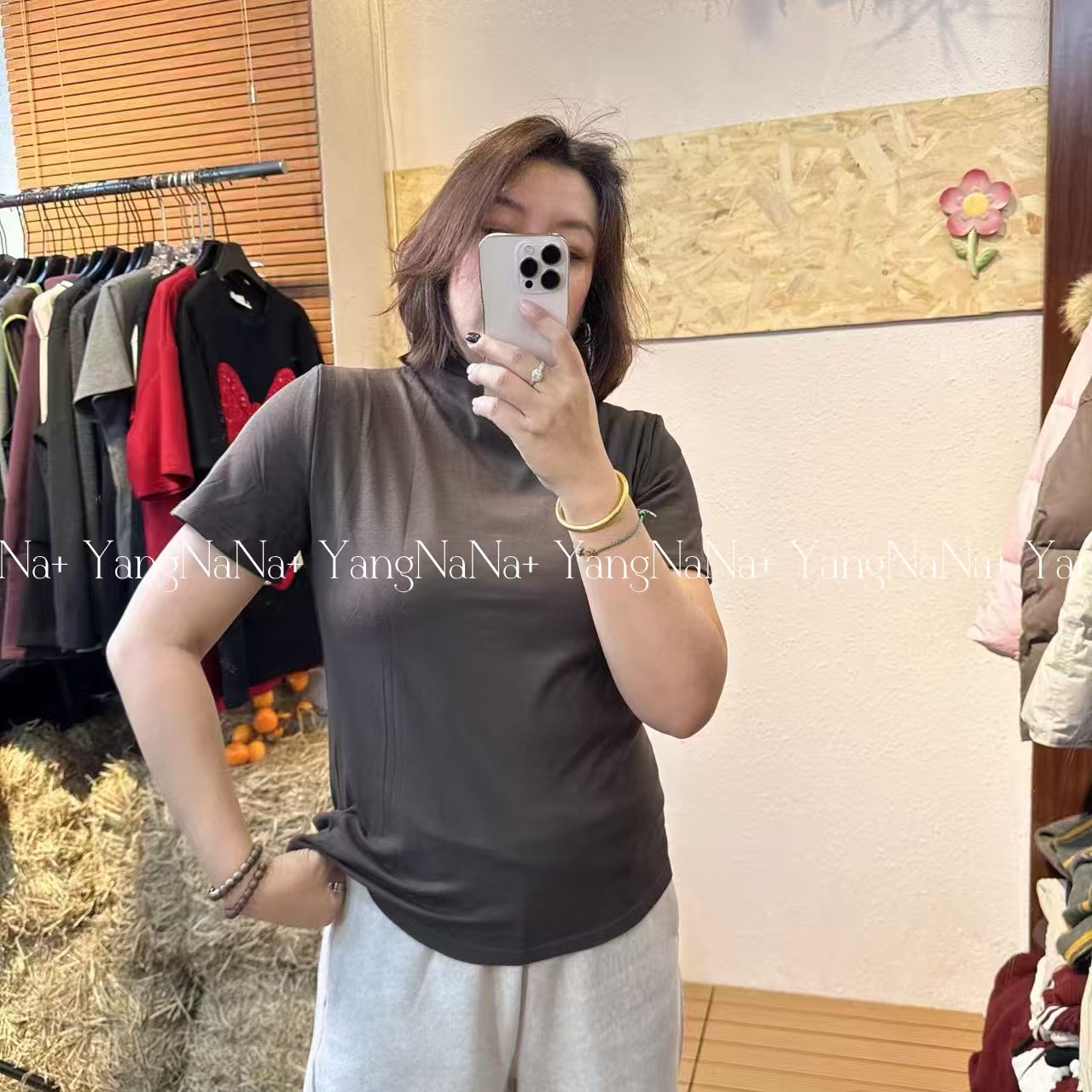 百搭大版时尚休闲纯色加厚磨毛半高领短袖打底衫超大弹力065