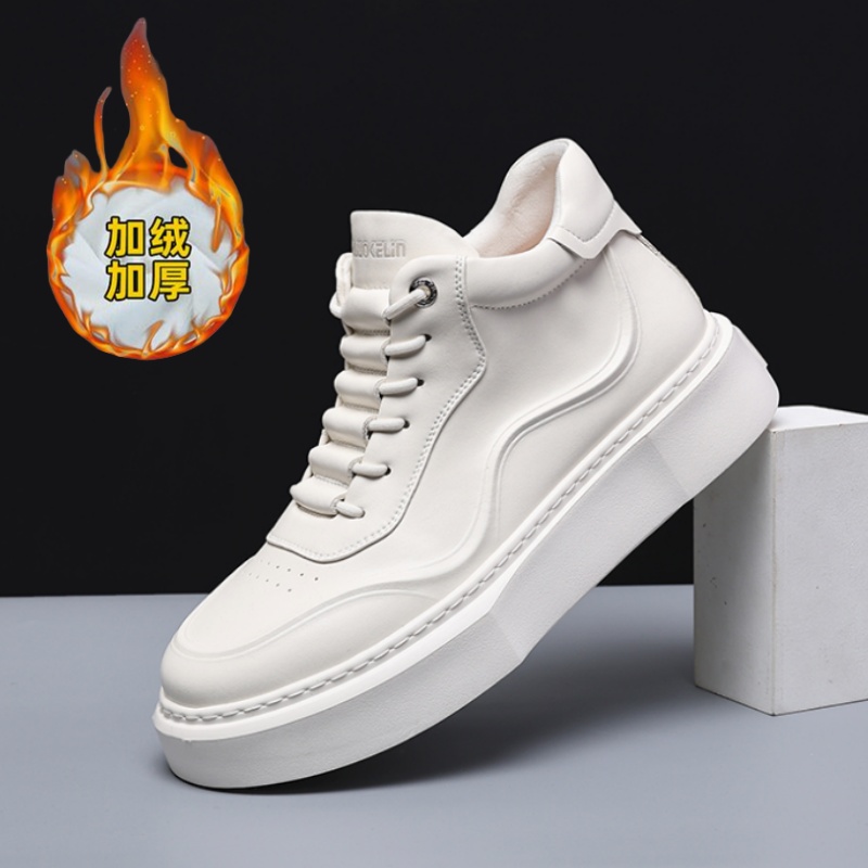 秋冬加绒保暖高帮鞋2025新款厚底板鞋一脚蹬真皮百搭休闲潮流男鞋