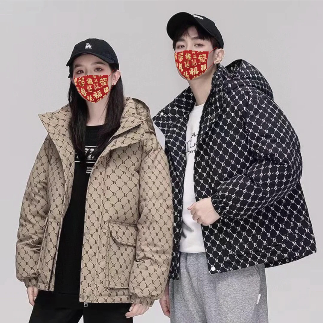 B字母加厚款极寒服～男女同款潮牌帽子可拆卸宽松时尚短款情侣装