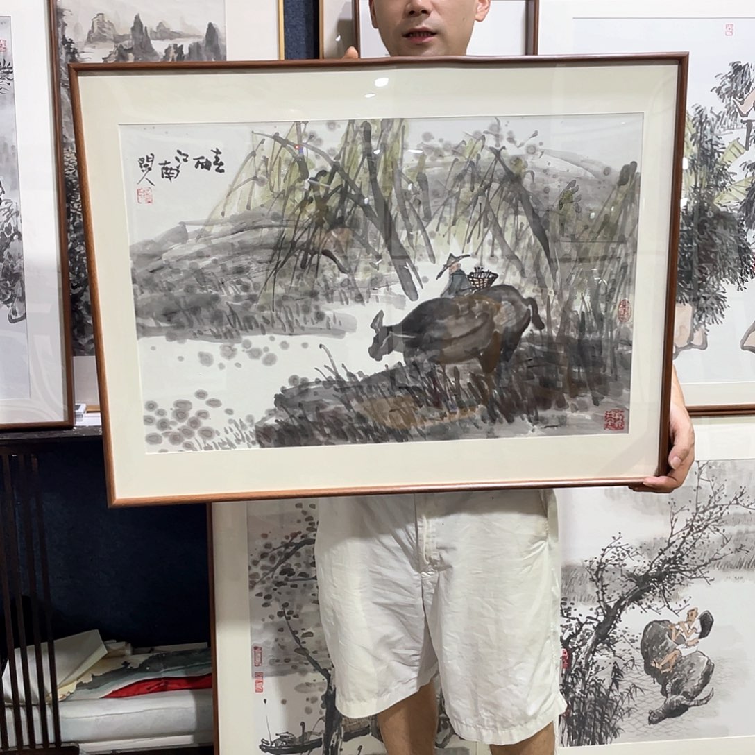 雨***青国画手绘画作品带框80/60