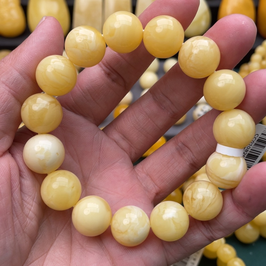 蜜蜡珠宝奇石未镶嵌15mm俄料满蜡白花圆珠手串29.1克