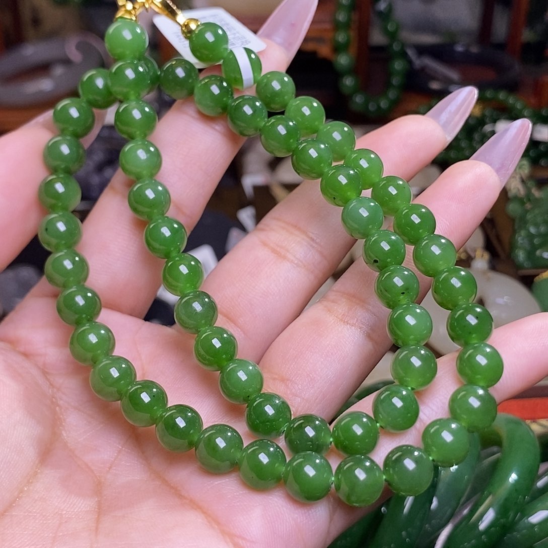 和田玉碧玉冰底老料约8mm妈妈项链未镶嵌