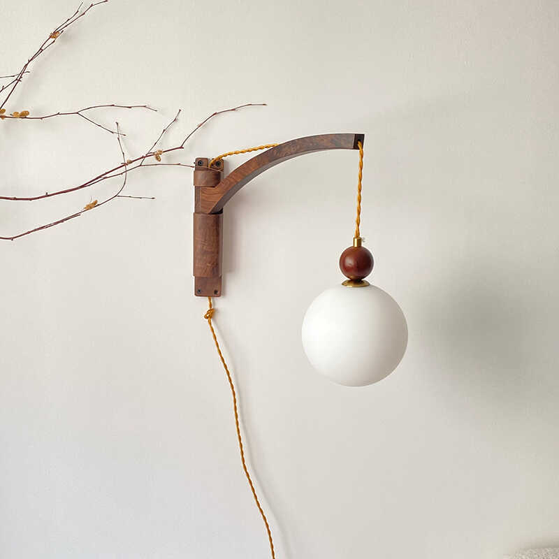 法式中古卧室床头摇臂壁灯 胡桃实木书房阅读移位摇头侘寂风壁灯