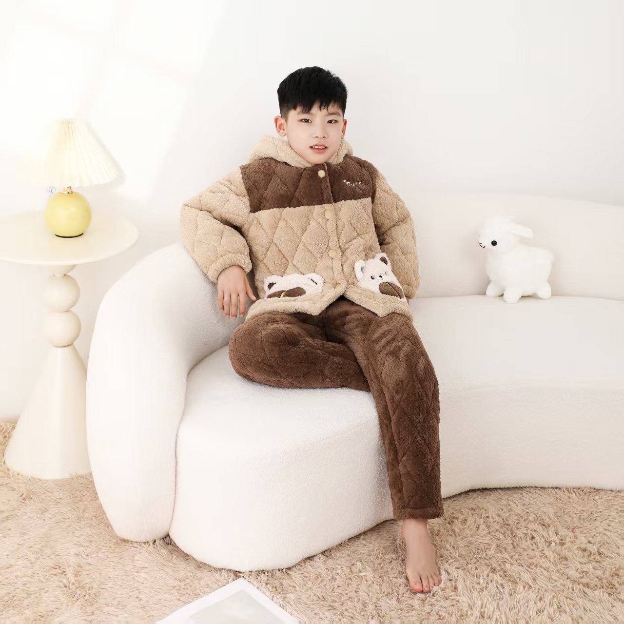 小中大童冬季抗寒棉睡衣家居服三层夹棉男童女童加绒加厚家居外穿